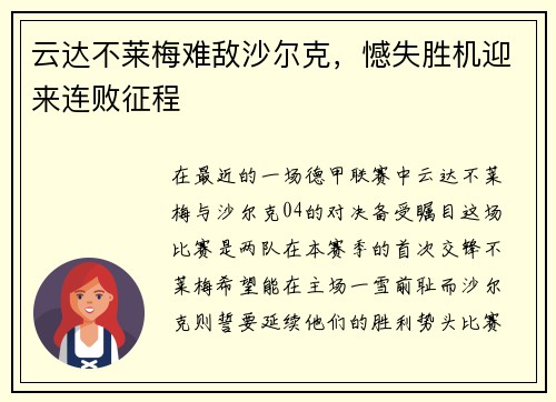 云达不莱梅难敌沙尔克，憾失胜机迎来连败征程