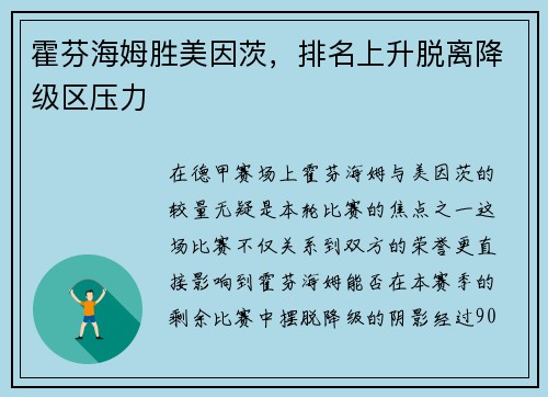 霍芬海姆胜美因茨，排名上升脱离降级区压力